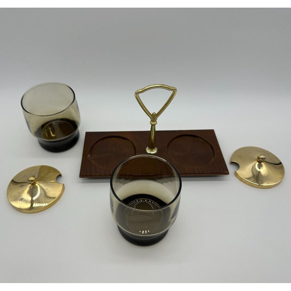 Vintage Condiment Serving Dish Wood Tray Smokey Glass Bowls Retro Gold Brown - Picture 3 of 9